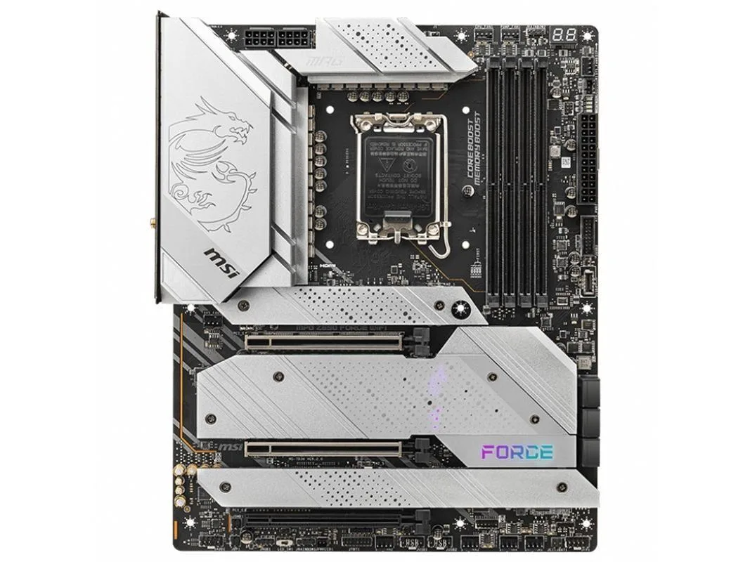 Black rectangular ATX motherboard with silver heatsinks and rear I/O shield