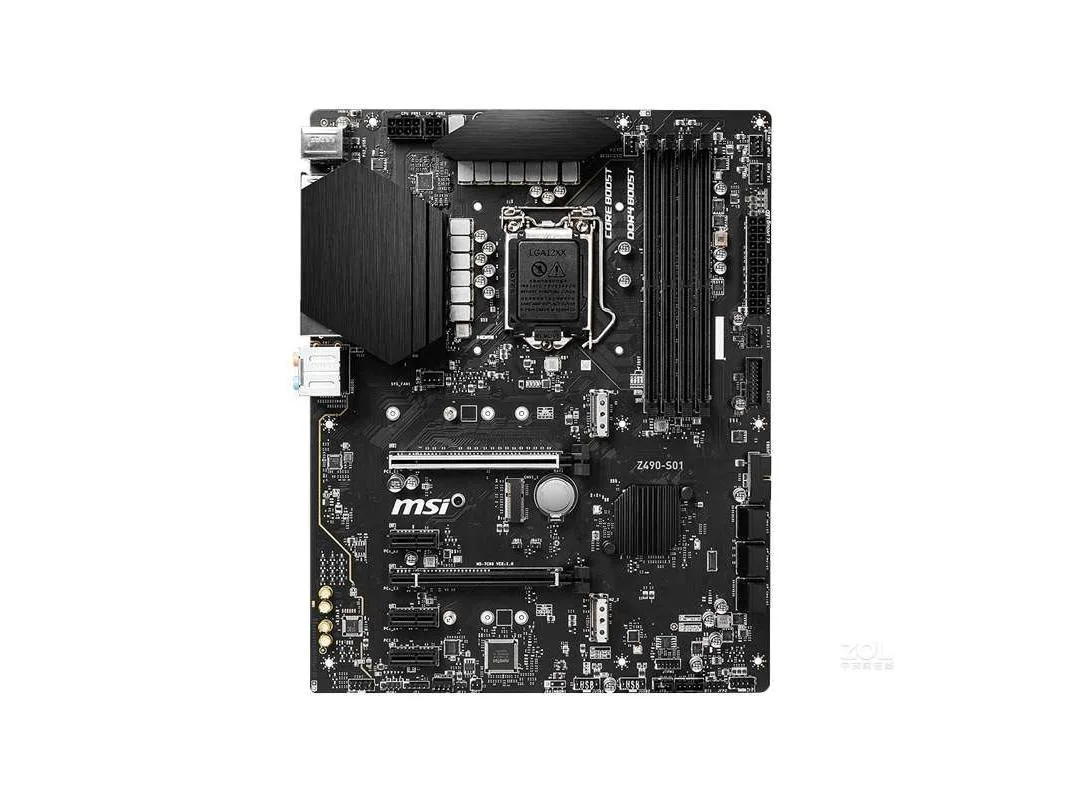 Rectangular ATX motherboard with black PCB, silver heatsinks and LGA 1200 socket