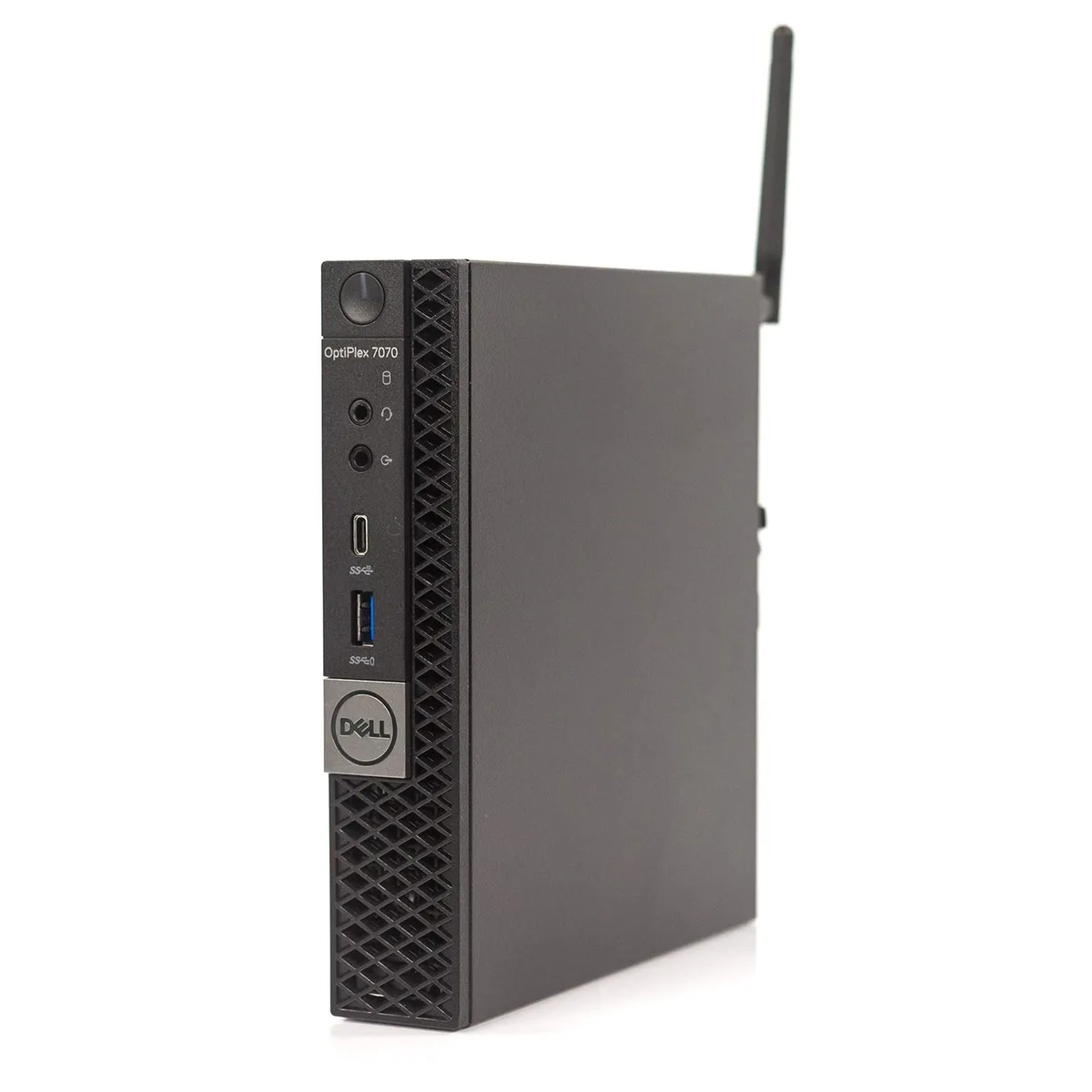 Compact black mini PC, small square chassis, Dell OptiPlex 7070 branding