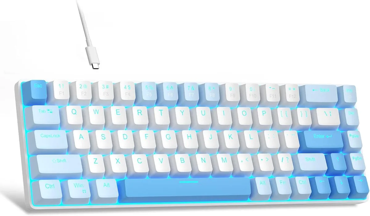 Compact 68-key mechanical keyboard in sky blue with detachable USB cable