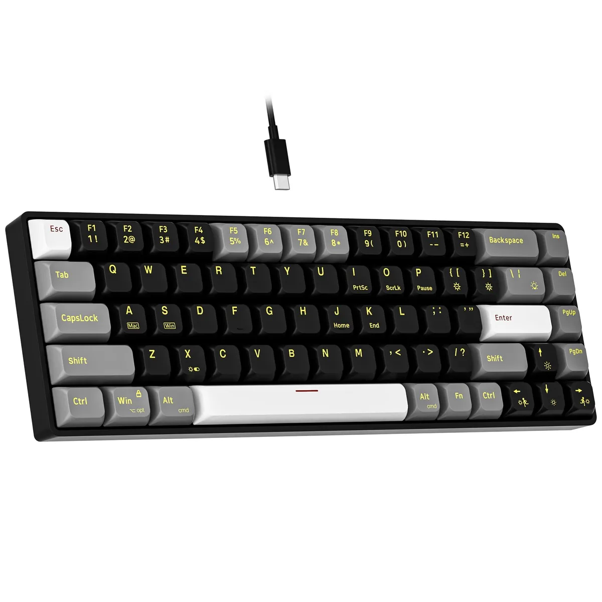 Compact 60 percent 68 key mechanical keyboard black white grey keycaps red switches USB cable visible