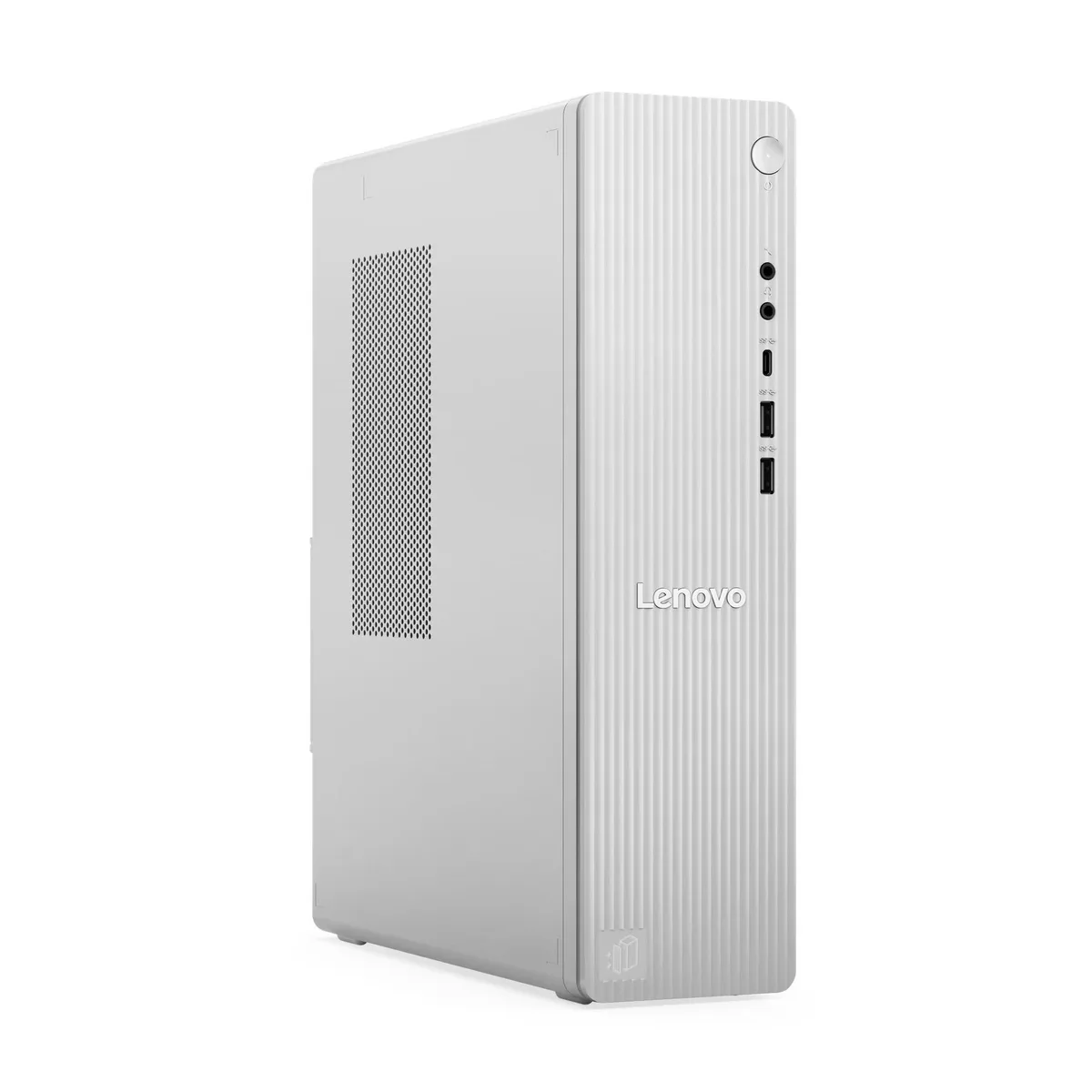 Compact grey Lenovo SFF desktop tower standing upright