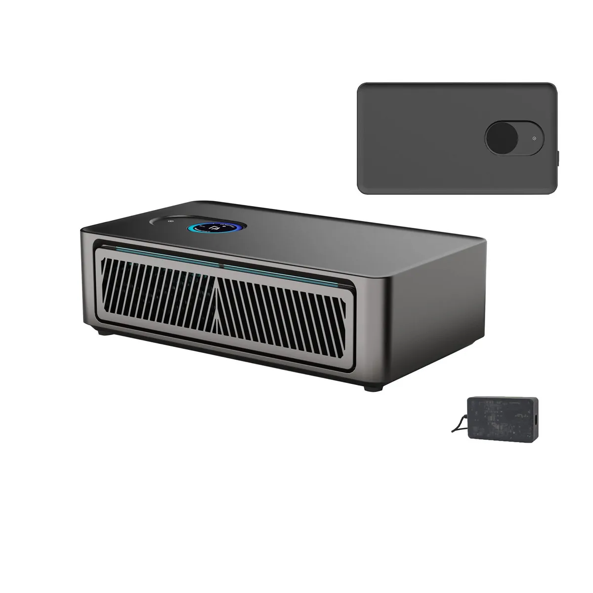 Compact black rectangular miner with smooth finish, front vent grille, rear ports, sits flat on desk