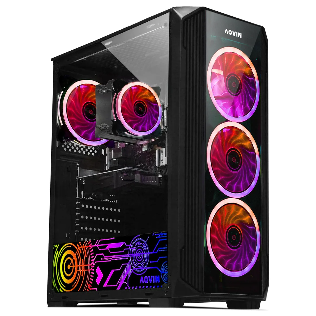 Black tower desktop with side window, air cooling, USB keyboard and mouse