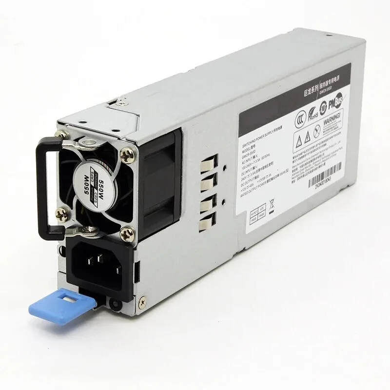 Black rectangular ATX power supply unit with cooling fan grille and power socket visible