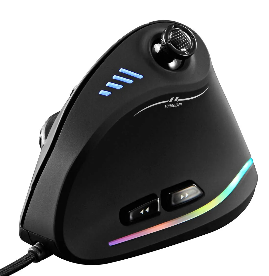 Black vertical gaming mouse with RGB side lighting, 11 buttons and joystick