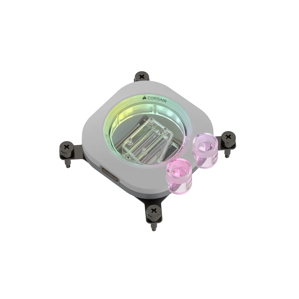 White CPU water block with transparent flow chamber and RGB lighting