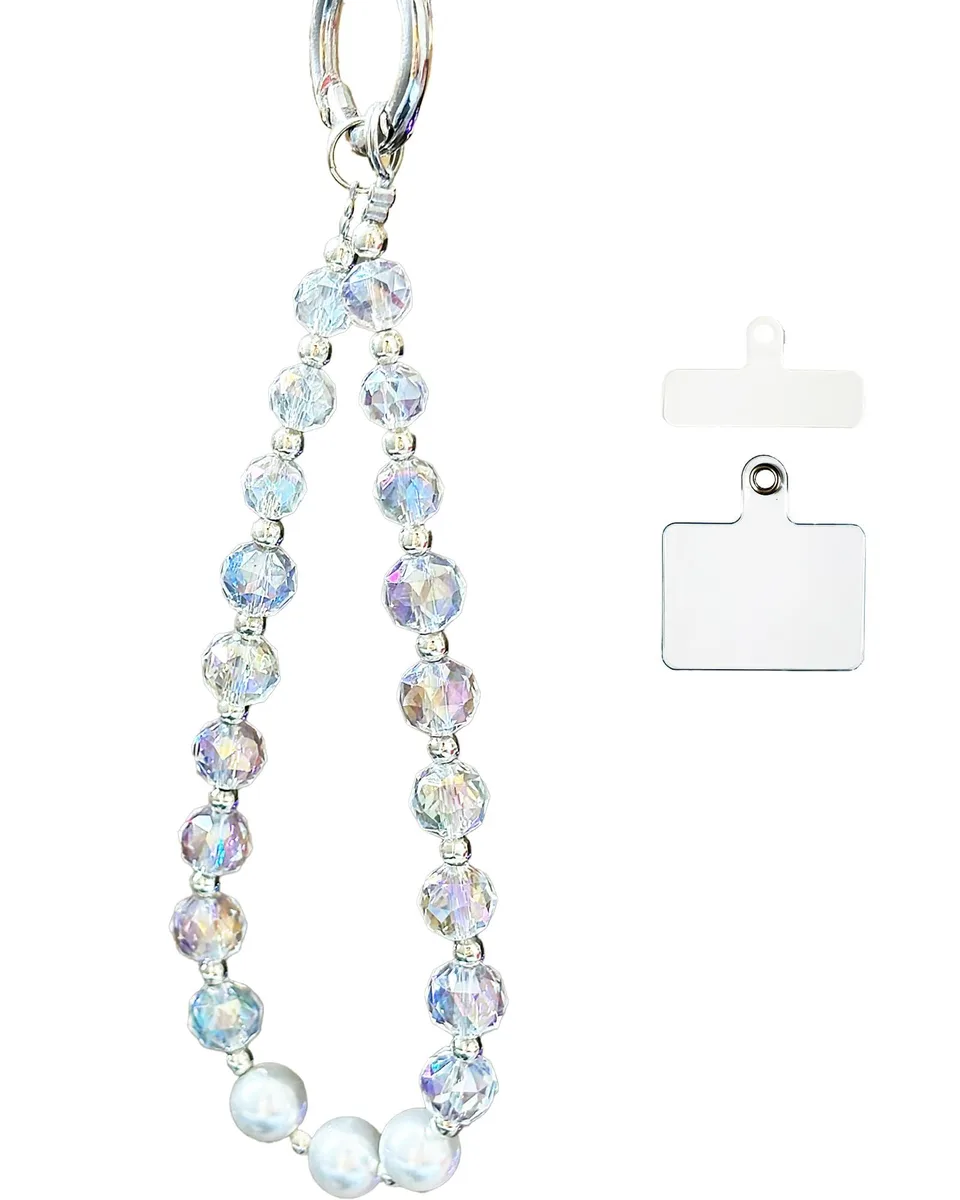 QATYYY Crystal Pearl Phone Wrist Strap Bracelet White 30cm 25g — product photo
