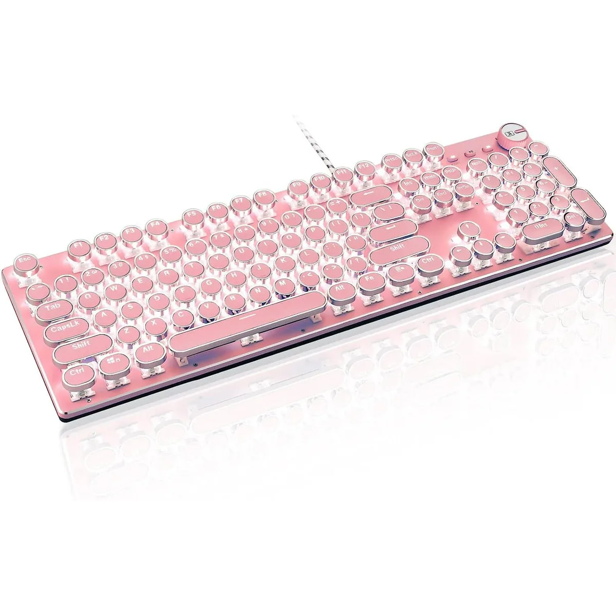Retro typewriter-style mechanical keyboard in ink finish with round keycaps and a side control knob