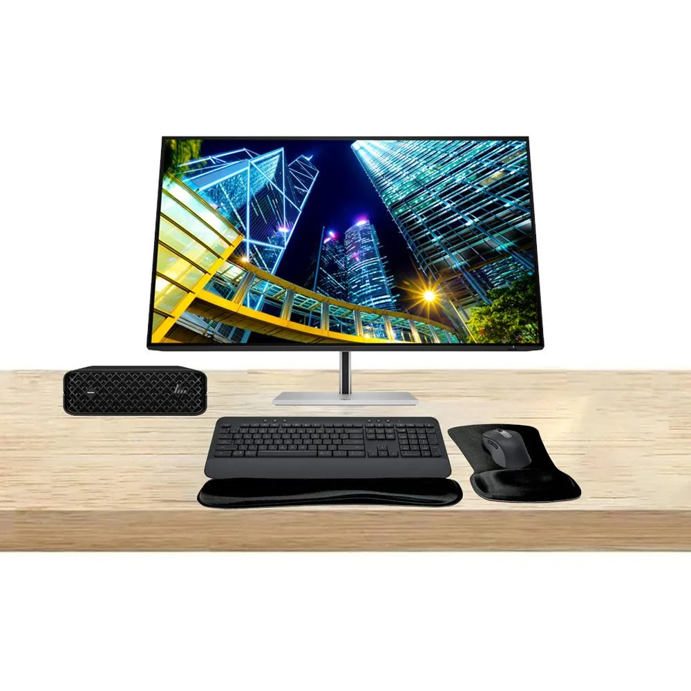 Black mini desktop, 32-inch 4K monitor, graphite wireless keyboard and mouse