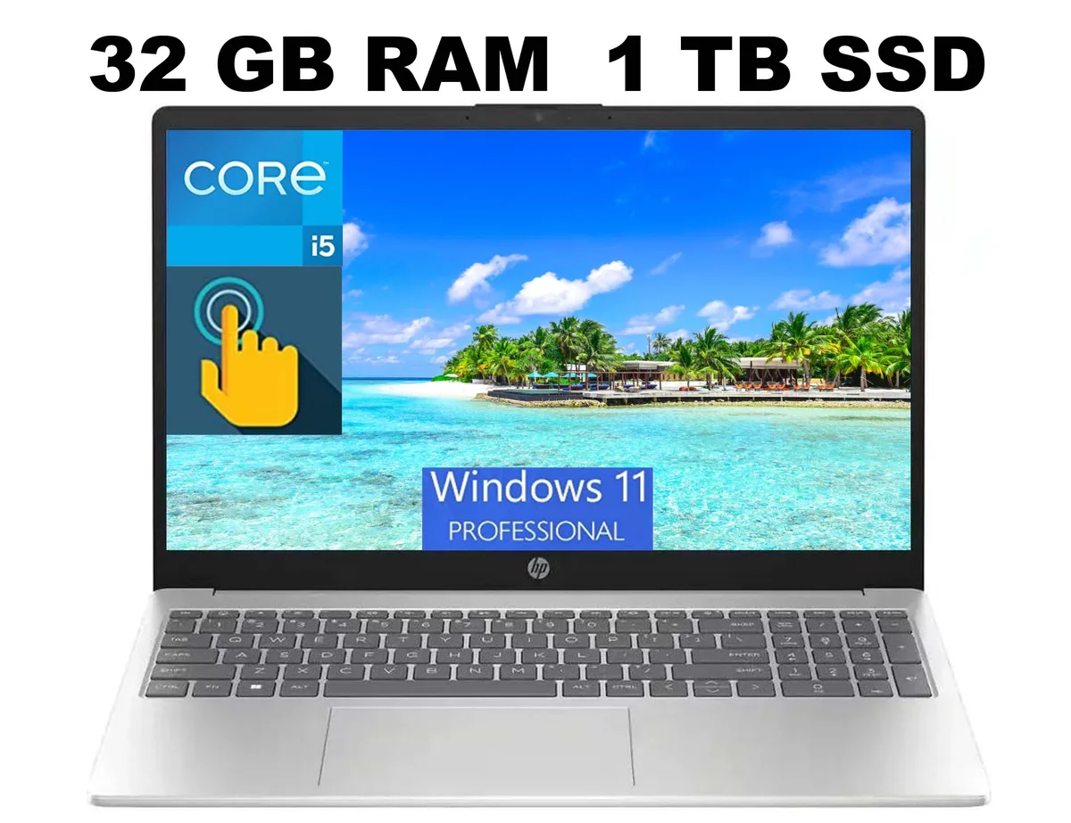 HP HP 15 laptop, 15.6" HD touchscreen, i5-1235U 10-core, 32GB DDR4, 1TB PCIe SSD, Windows 11 Pro — product photo