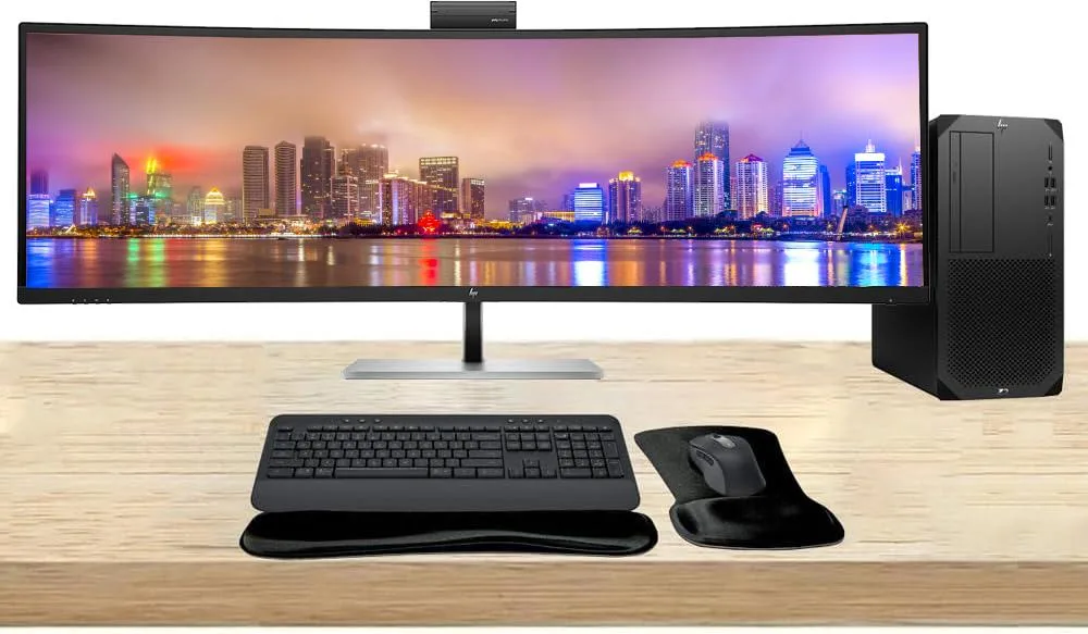 HP Z2 G9 tower, 49 inch curved monitor, wireless keyboard and mouse combo