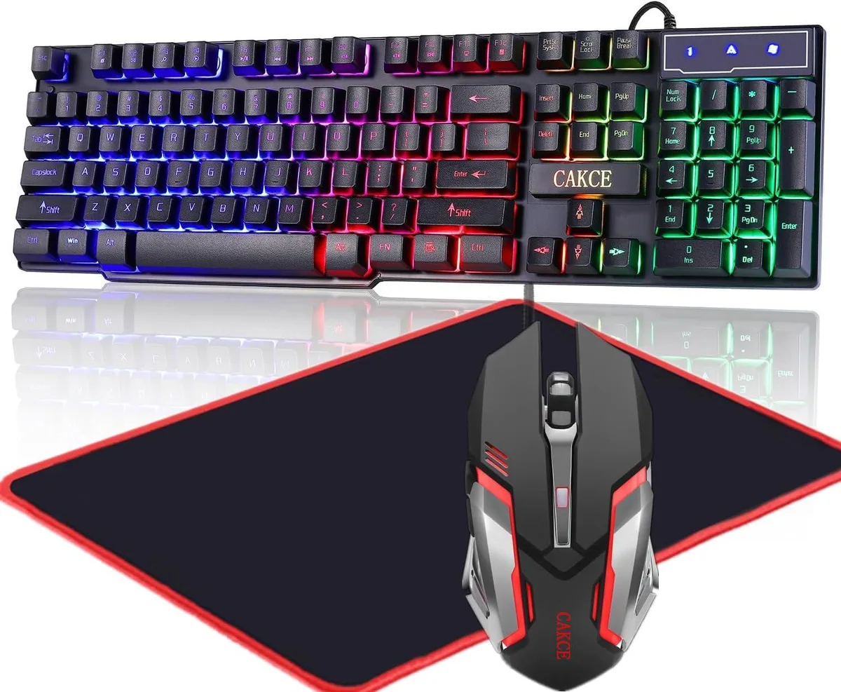 Cakce Gaming Keyboard & Mouse Combo USB Wired RGB 104 Keys 11.8" Pad — 商品写真