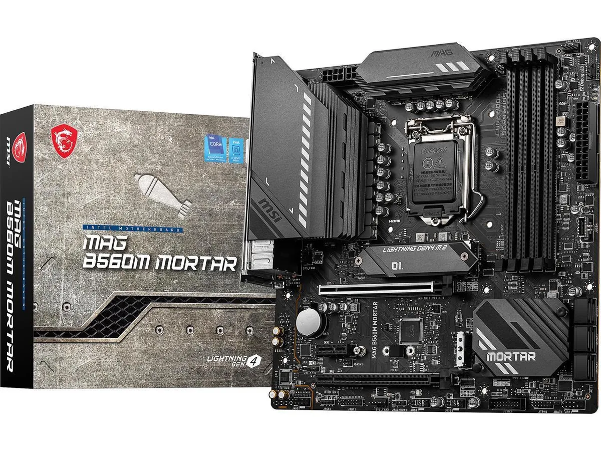 Micro ATX motherboard with black heatsinks and silver accents