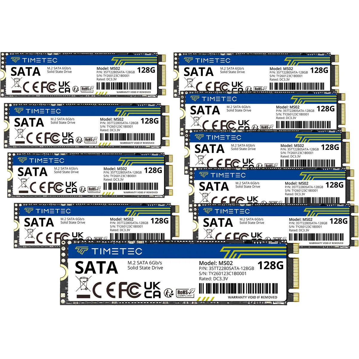 Ten M.2 2280 SATA SSDs in a pack