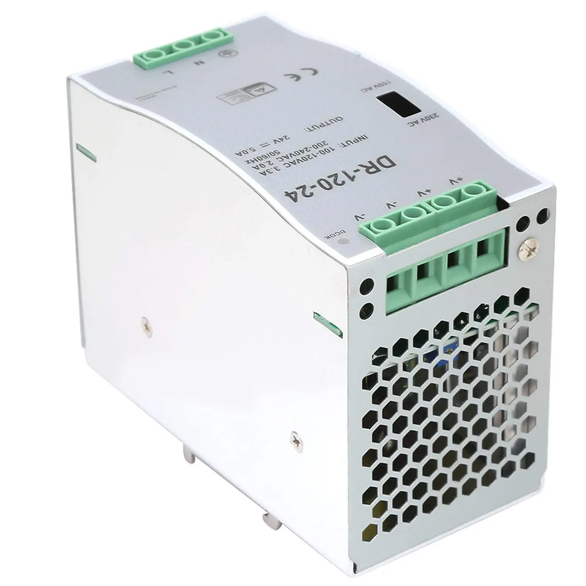 Compact grey metal DIN-rail power supply with ventilated housing and terminal block connections