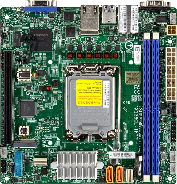 Green rectangular Mini-ITX server motherboard with silver LGA 1700 socket, two black DDR5 slots, PCIe 5.0 x16 slot