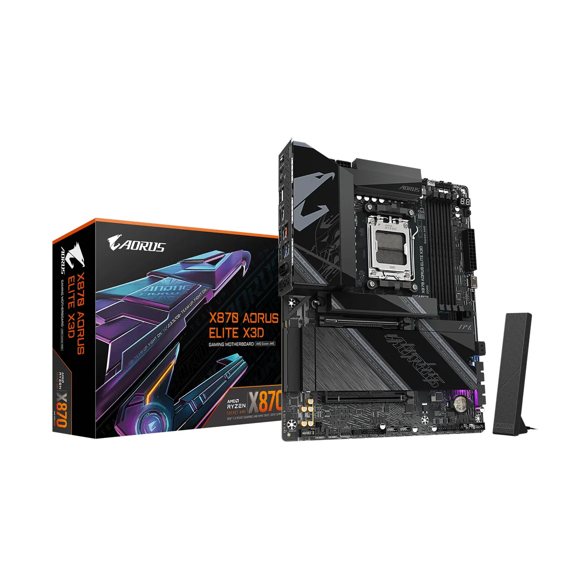 ATX motherboard with black VRM heatsinks and integrated rear I/O shield
