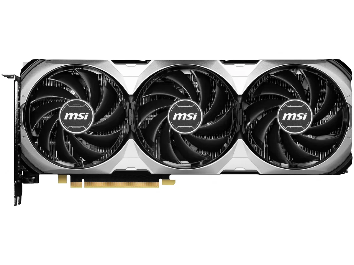 MSI RTX 4070 Ventus 3X triple-fan graphics card in black and silver finish