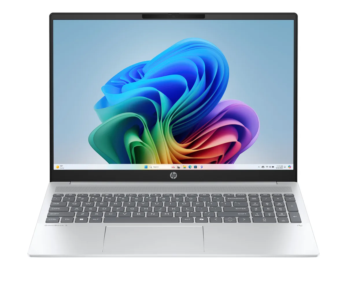 Silver HP OmniBook 5 laptop, 16 inch non‑touch IPS display, thin clamshell form factor