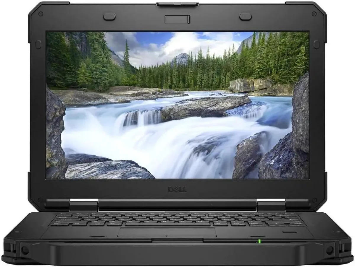 Gray rugged laptop with thick chassis, 14-inch non-touch screen, rubberized corners and port covers