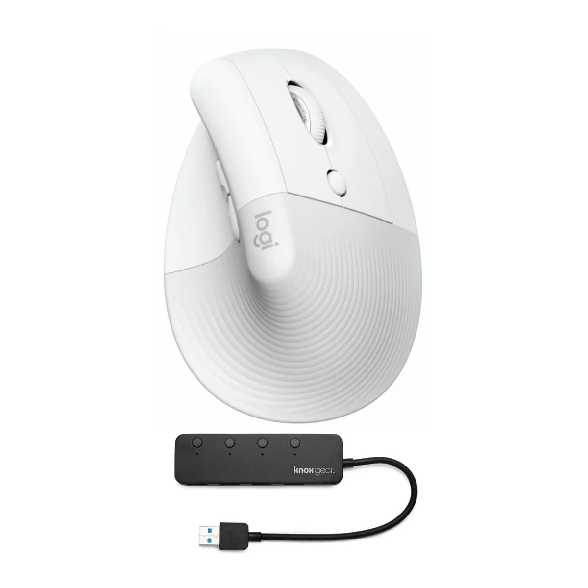 Pale gray vertical ergonomic mouse with four-port USB 3.0 hub