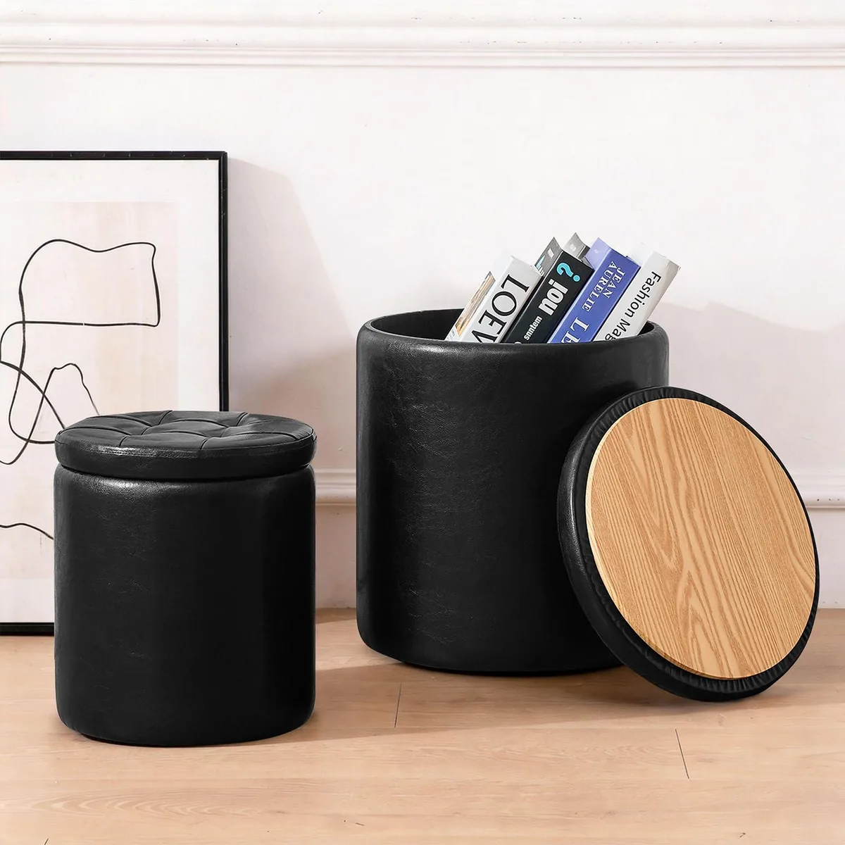  oakvivo Round Ottoman Set of 2, 12.6" &amp; 14.76" Wide, Black — fotografija proizvoda