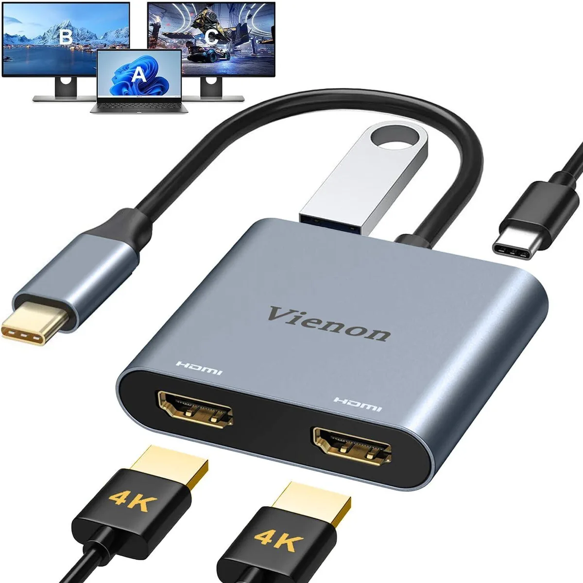 KEHIPI KEHIPI USB C to Dual HDMI Adapter 4K@60Hz Silver Grey — fotografija izdelka