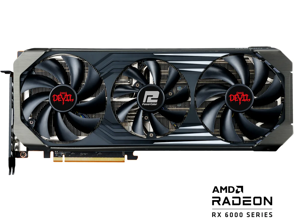 Triple-fan graphics card in dark finish, 2.5-slot ATX form factor
