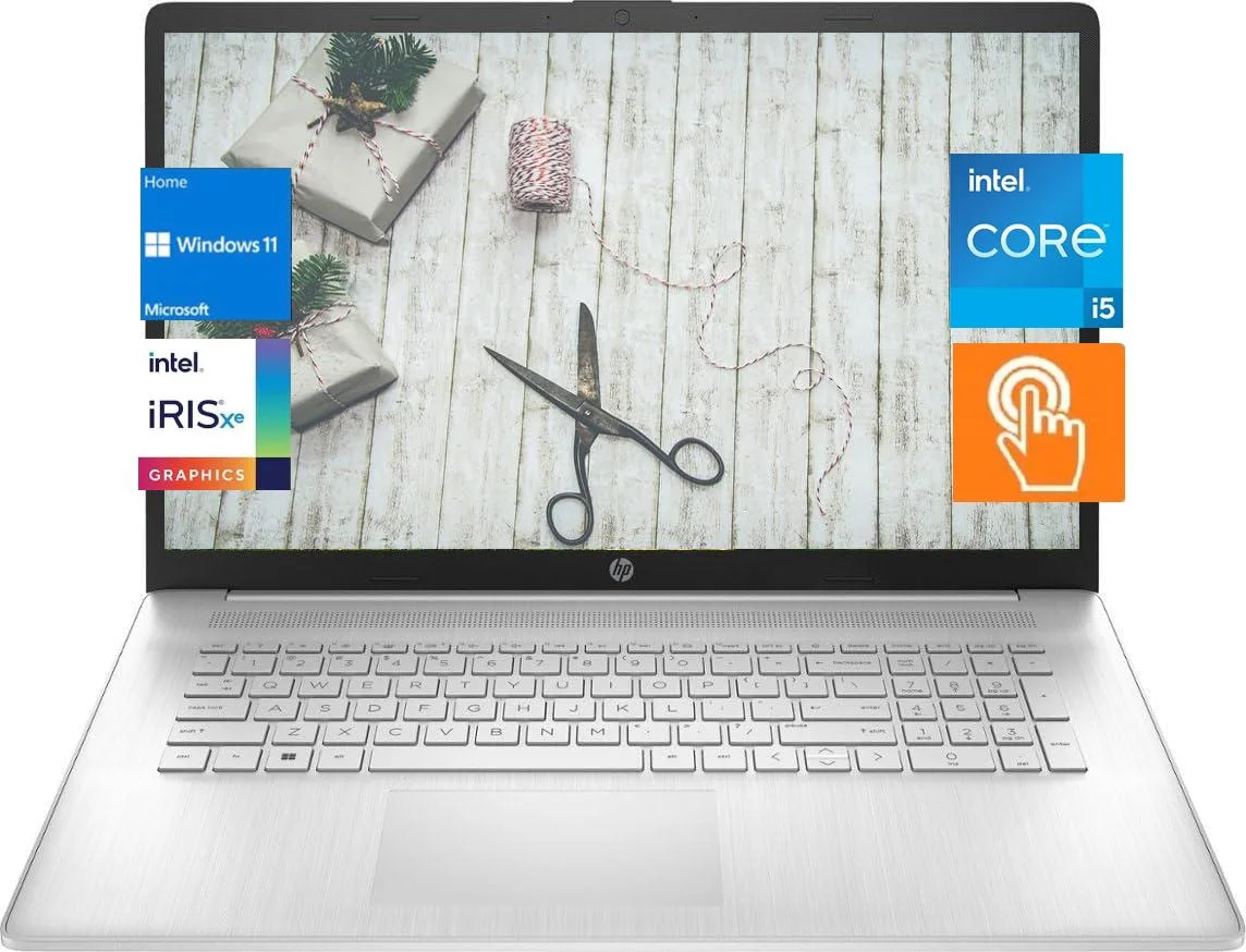Silver 17.3 inch touchscreen laptop, slim profile, backlit keyboard with numeric keypad