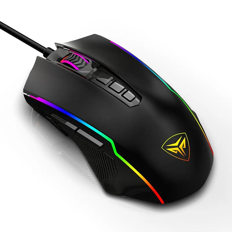 Black wired gaming mouse with ergonomic right-handed shape and RGB lighting