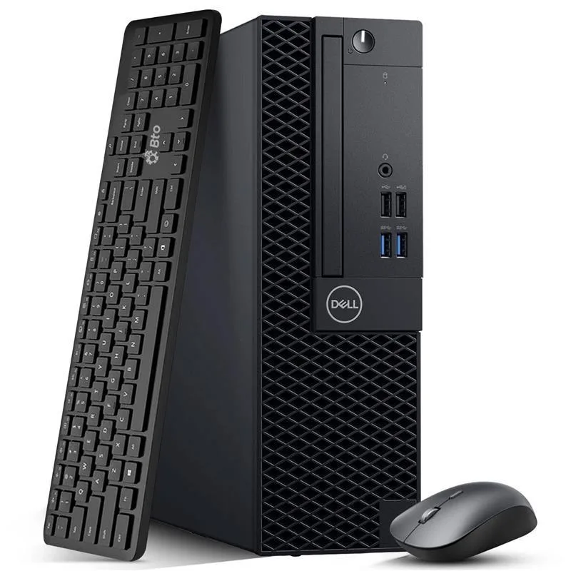 Compact black Dell OptiPlex SFF tower with wireless keyboard and mouse