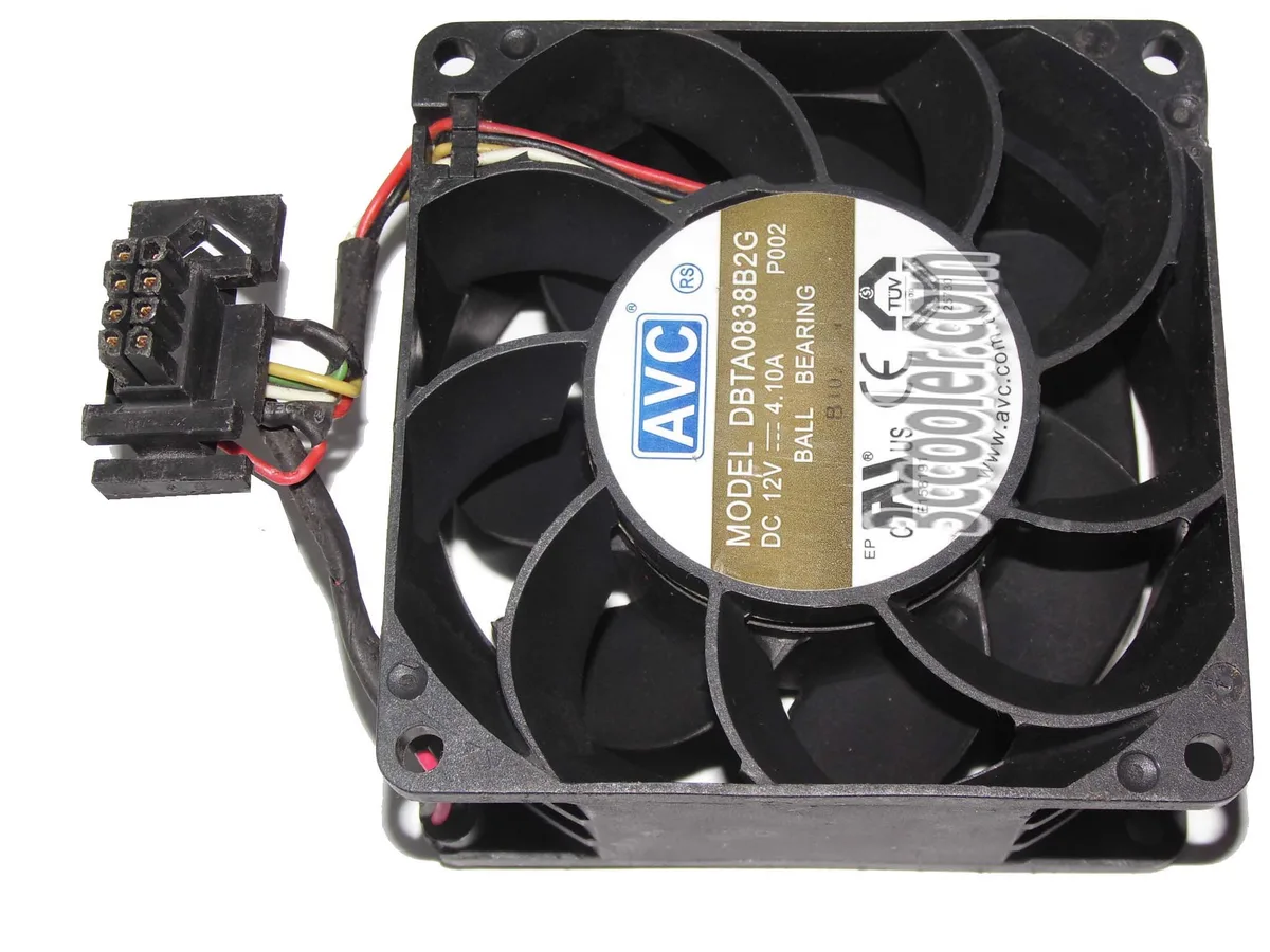 Black square 80mm fan, 38mm thick, four wires visible