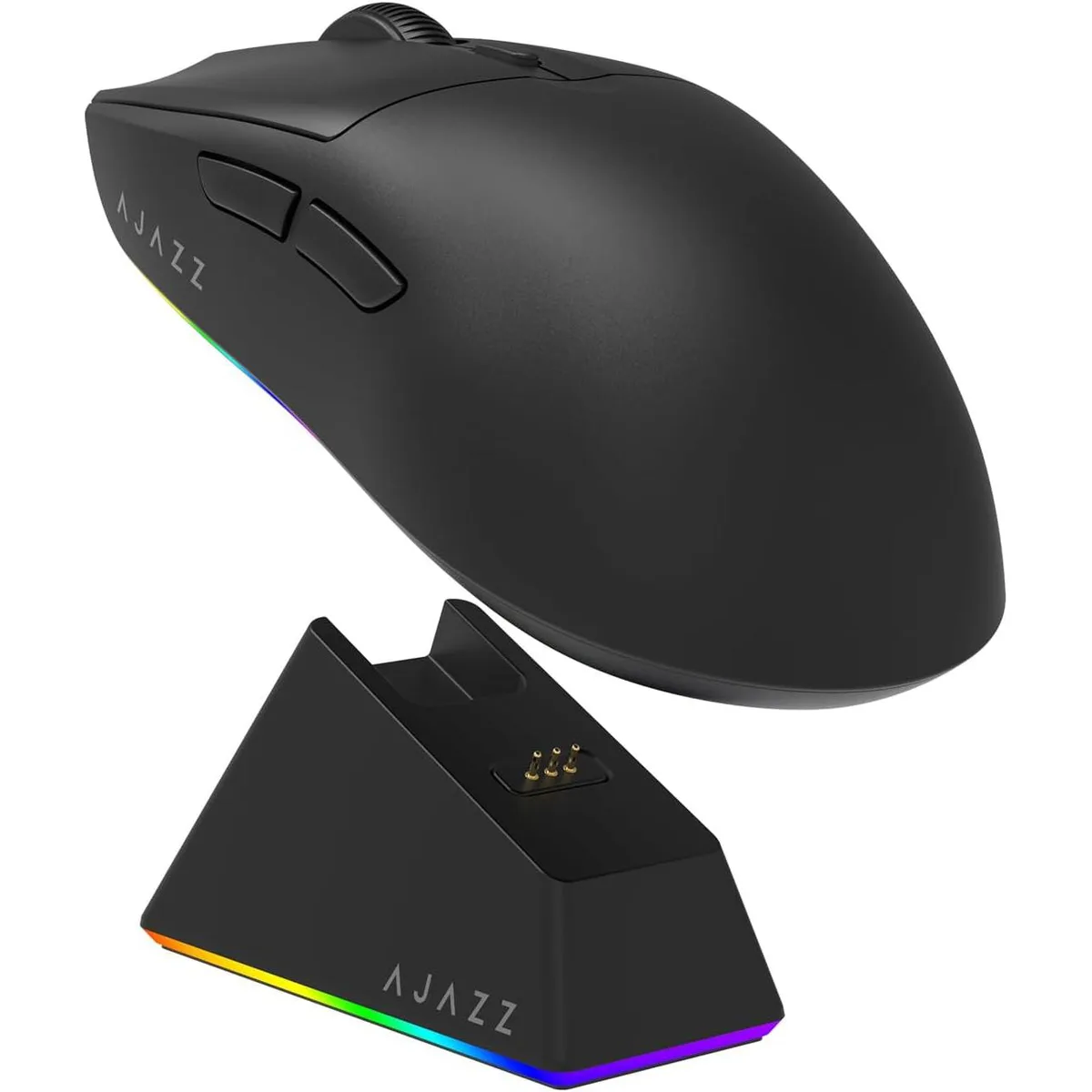 Black lightweight gaming mouse with magnetic charging dock, ergonomic shape, six buttons, RGB lighting on both pieces