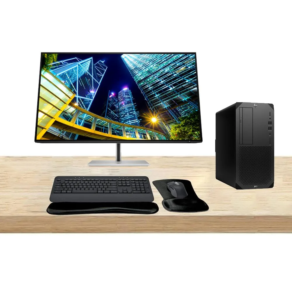 Black HP Z2 G9 tower, 32-inch 4K monitor, wireless keyboard and mouse