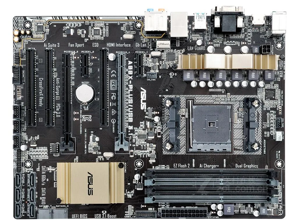 ATX motherboard with black PCB and silver heatsinks