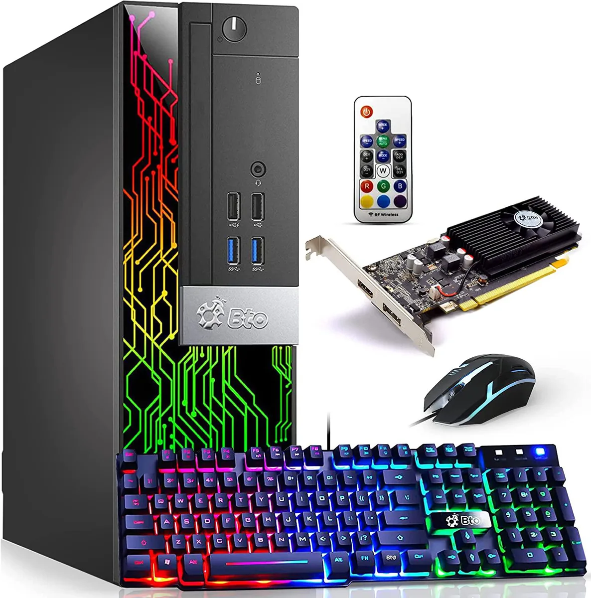 Black mid-tower desktop with RGB lighting, keyboard and mouse