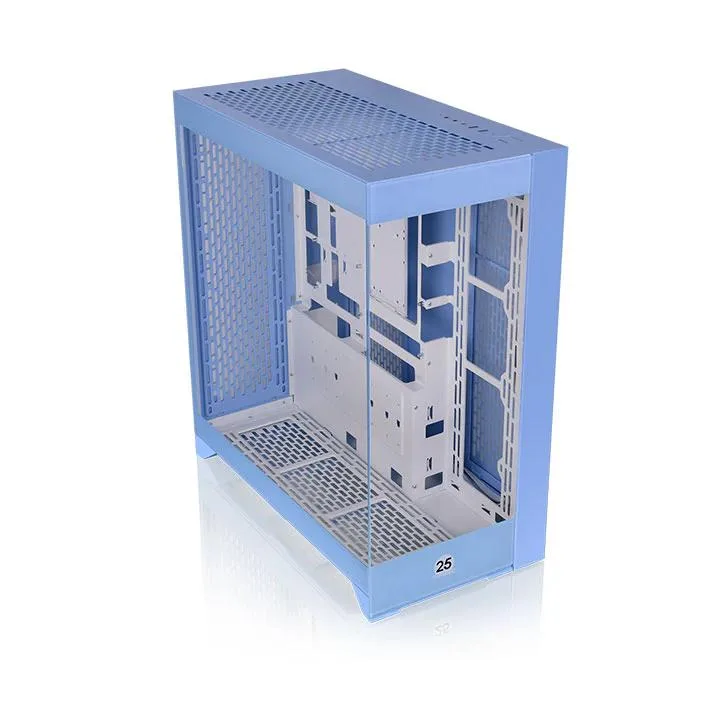 Hydrangea blue mid tower case with tempered glass panel and perforated front panel visible