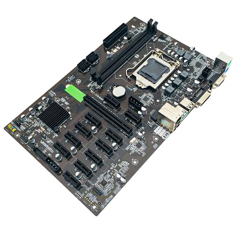 Green rectangular motherboard with twelve PCIe slots along the edge and silver LGA 1151 socket near centre