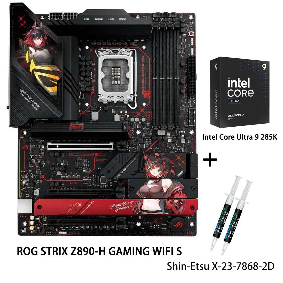 ATX motherboard in dark finish with massive heatsinks and integrated I/O cover, paired with LGA 1851 CPU