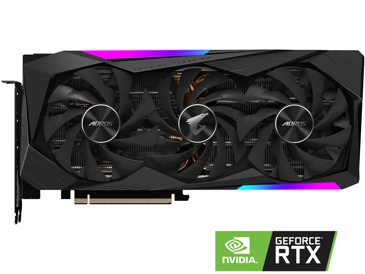 GIGABYTE AORUS RTX 3070 triple-fan graphics card with metal backplate and RGB lighting