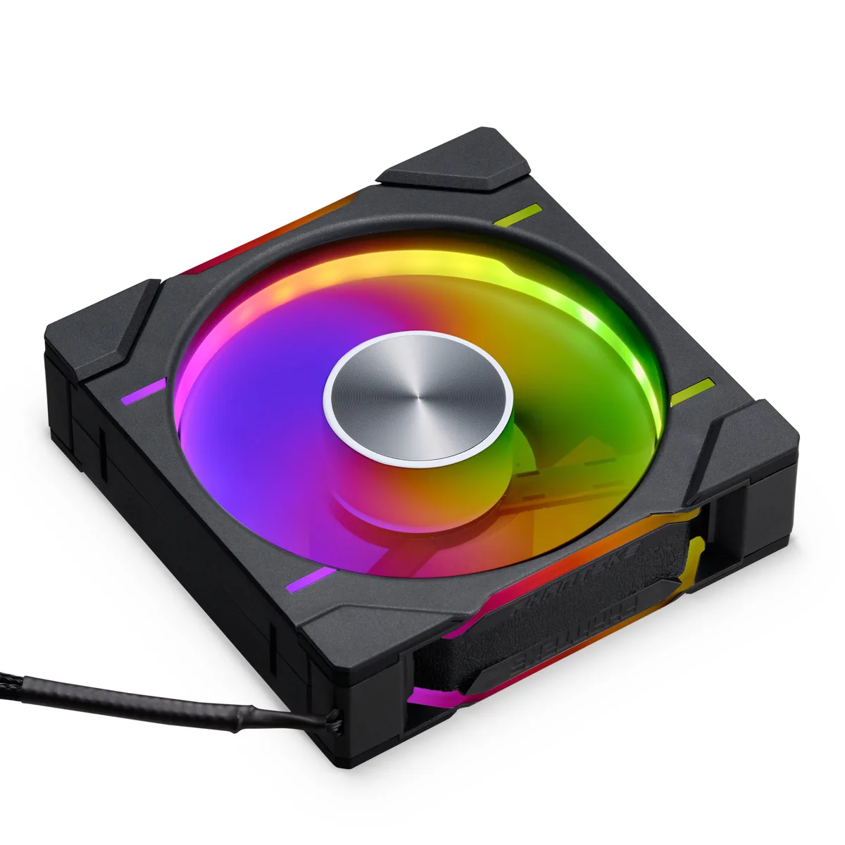 Three black 120mm 30mm thick case fans with DRGB lighting rings and daisy-chain cables