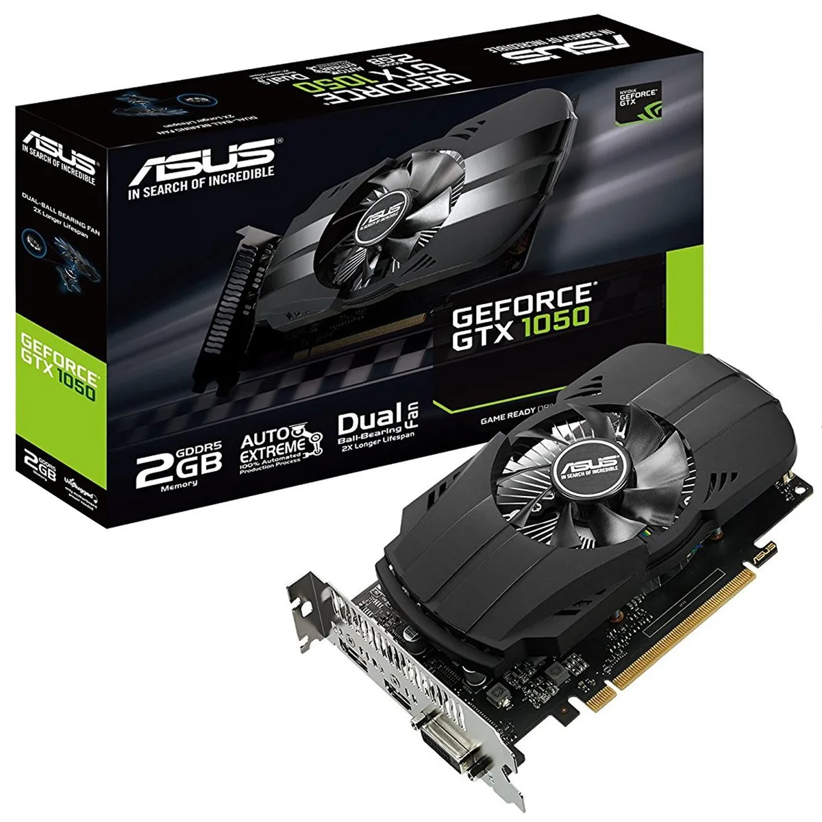 Compact dual-fan graphics card with black shroud and silver backplate
