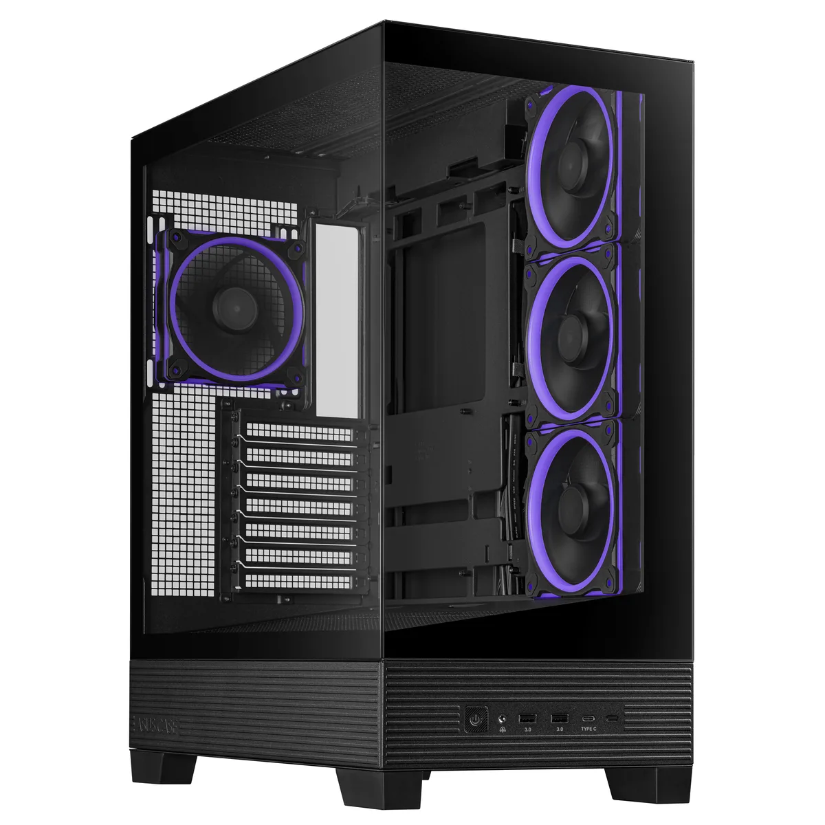 Black ATX mid-tower with dual tempered glass panels and four ARGB fans