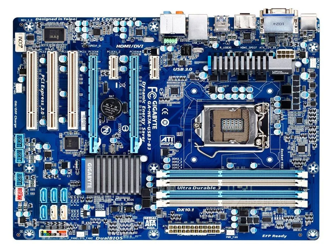 Green rectangular ATX motherboard with silver CPU socket, four black DDR3 slots, blue SATA ports, black PCIe x16 slot