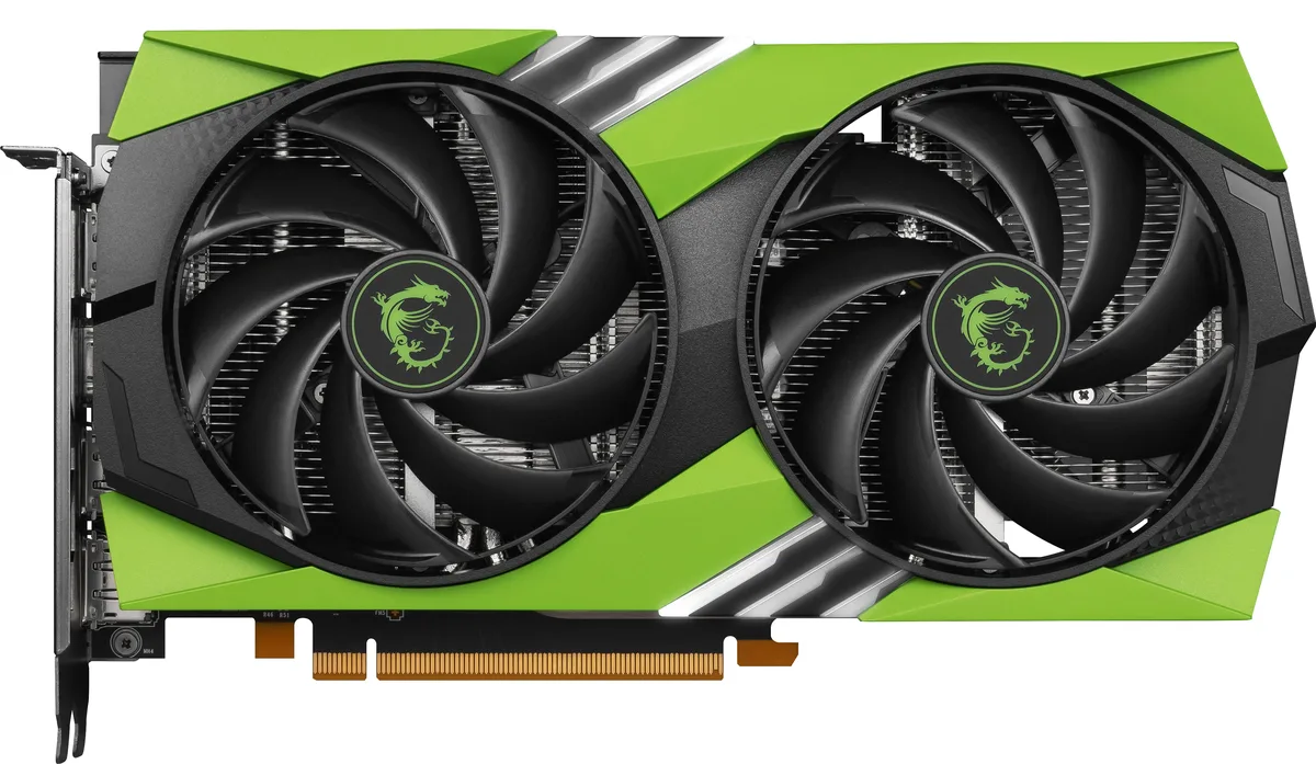 Black dual-fan graphics card with silver backplate, PCIe x8 interface, 247 mm length