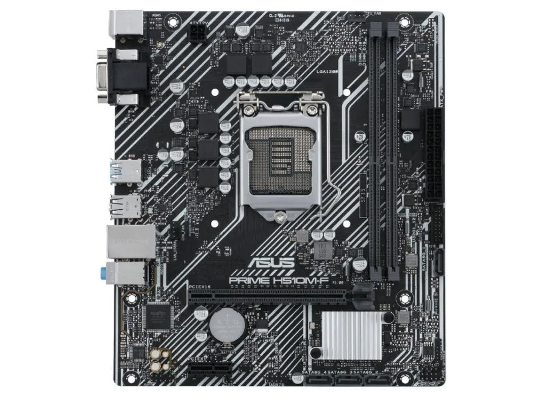 ASUS PRIME H510M-F micro ATX motherboard with LGA 1200 socket, black PCB and silver heatsinks