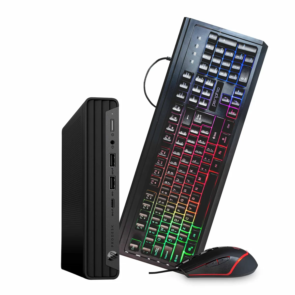Compact black mini desktop with wired keyboard and mouse