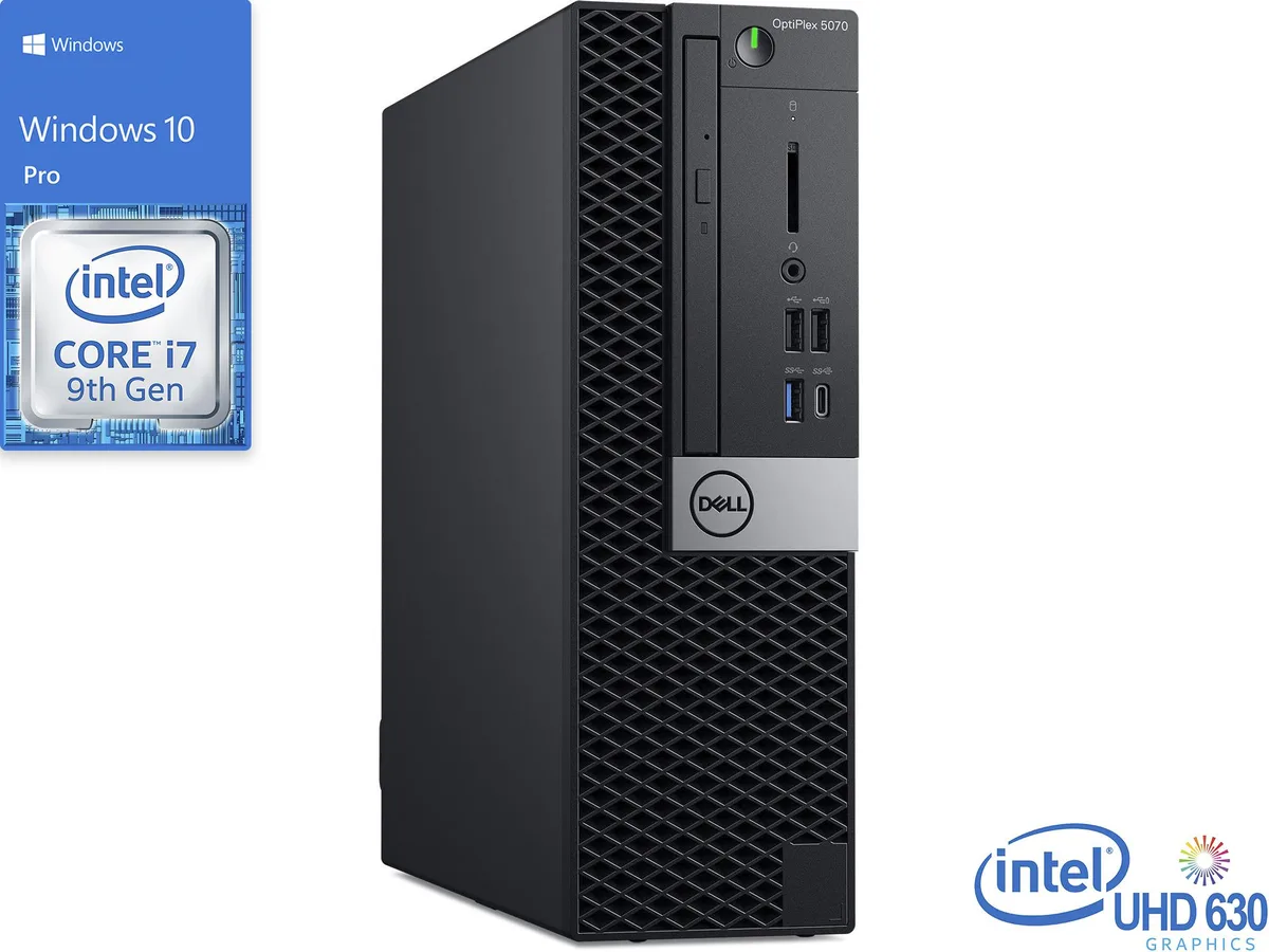 Black and silver small form factor Dell OptiPlex 5070 desktop tower