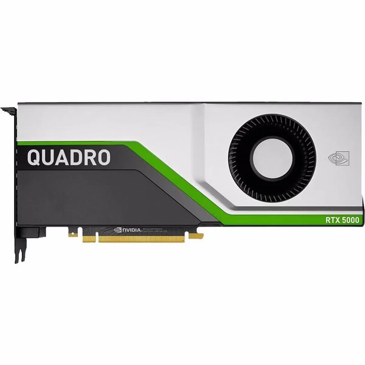 Dual-slot graphics card with silver shroud and active cooling fan visible